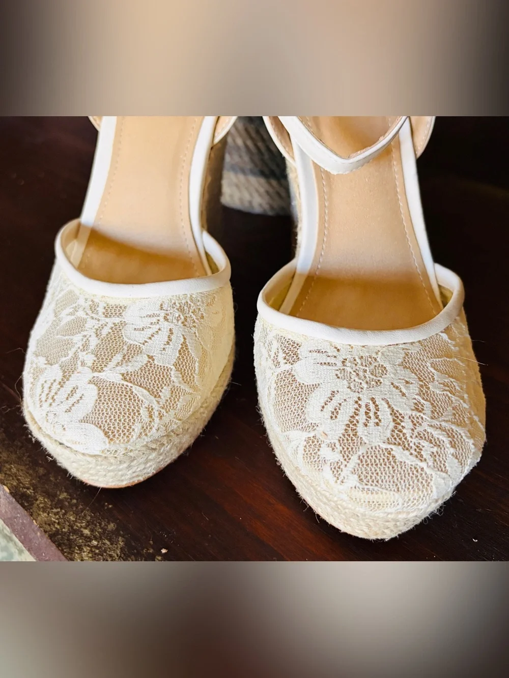 IVORY LACE ESPADRILLES WOVEN 5” HEEL 1” PLATFORM ANKLE STRAPS BEAUTIFUL SIZE 7B